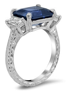 Emerald Cut GIA Sapphire Three Stone Engagement Ring