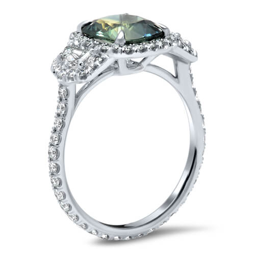 Three Stone Sapphire & Diamond Halo Engagement Ring