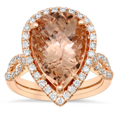 Pear Morganite Twisted Shank Halo Engagement Ring