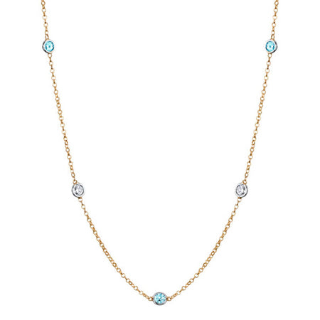 Station Necklace with SI White Diamonds and Aquamarines